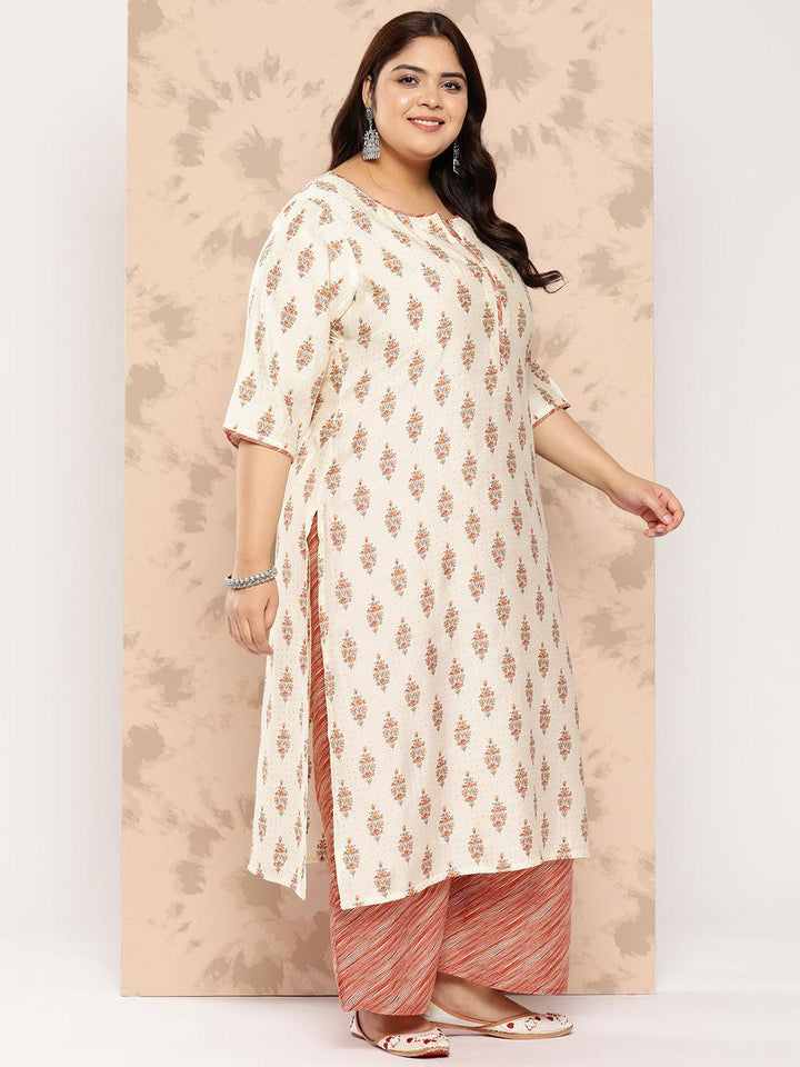 Cream Printed Silk Blend Straight Kurta With Palazzos and Dupatta