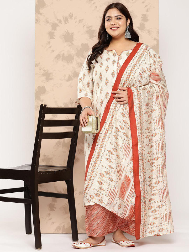 Cream Printed Silk Blend Straight Kurta With Palazzos and Dupatta