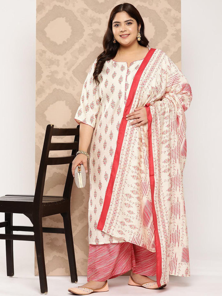 Cream Printed Silk Blend Straight Kurta With Palazzos and Dupatta