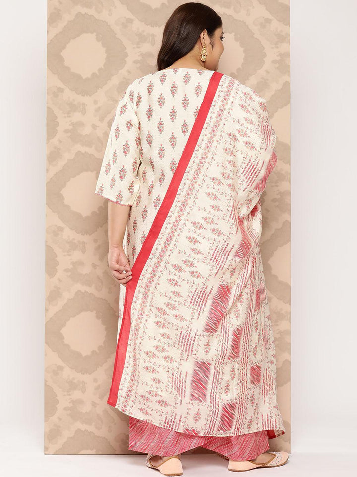 Cream Printed Silk Blend Straight Kurta With Palazzos and Dupatta