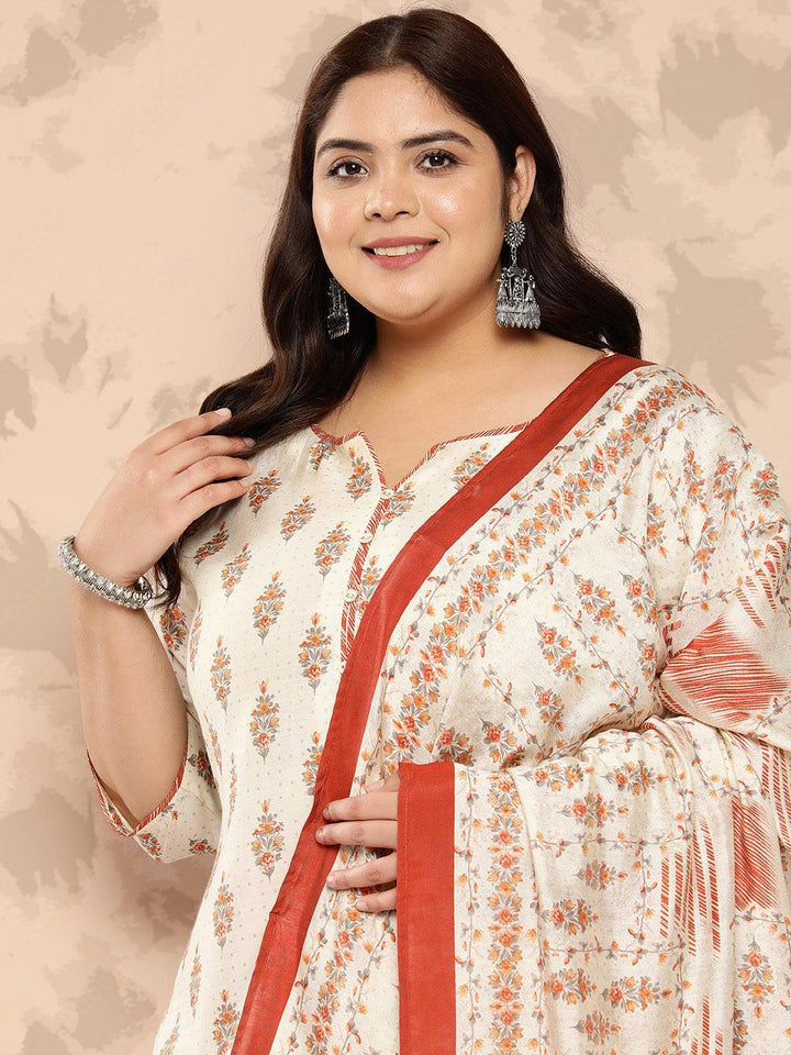 Cream Printed Silk Blend Straight Kurta With Palazzos and Dupatta