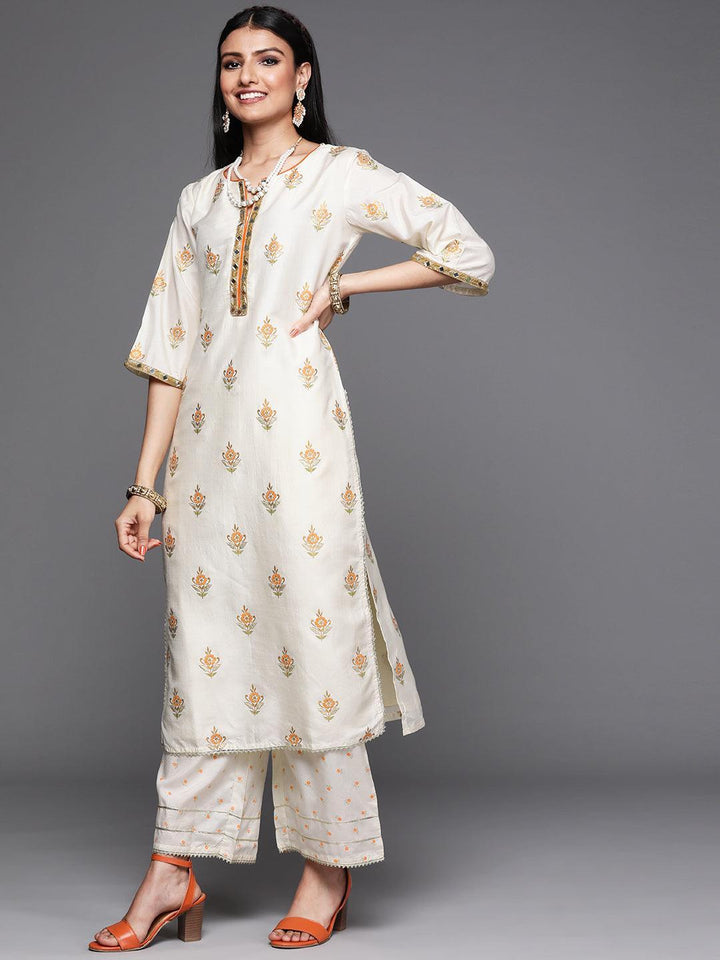 Cream Printed Silk Suit Set