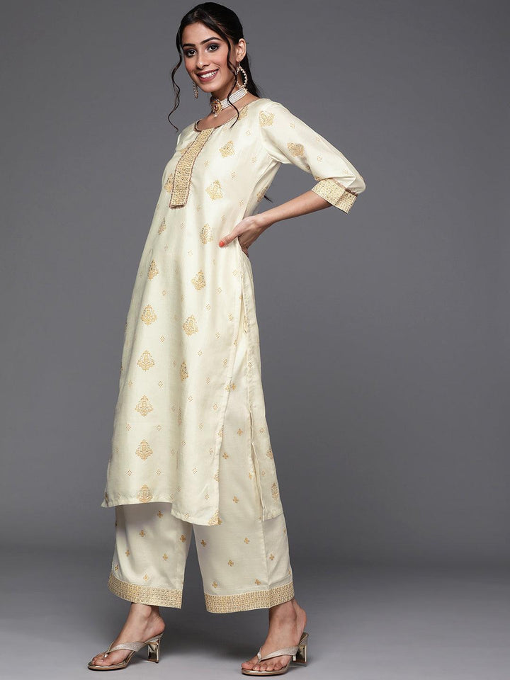 Cream Printed Silk Suit Set