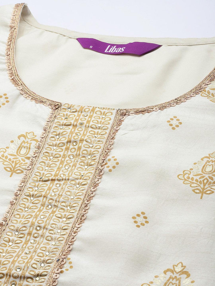 Cream Printed Silk Suit Set