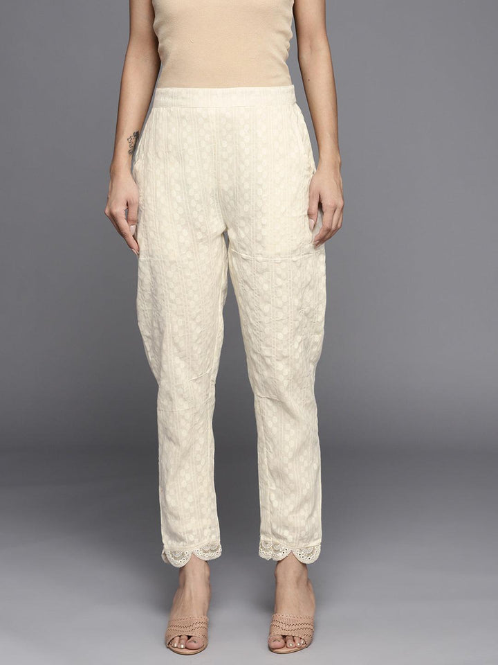 Cream Self Design Cotton Trousers