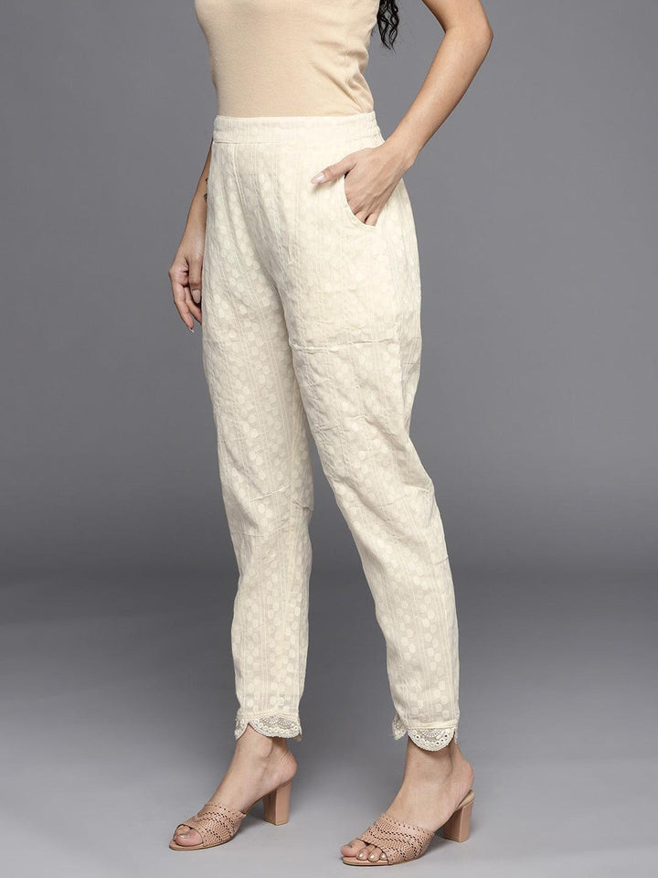 Cream Self Design Cotton Trousers