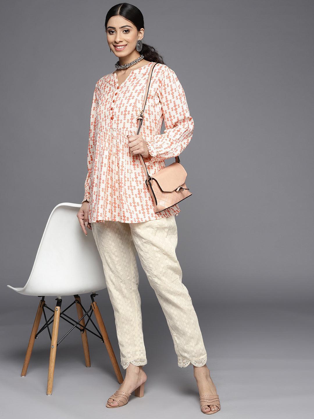 Cream Self Design Cotton Trousers - ShopLibas