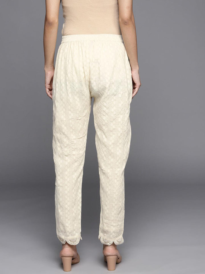 Cream Self Design Cotton Trousers