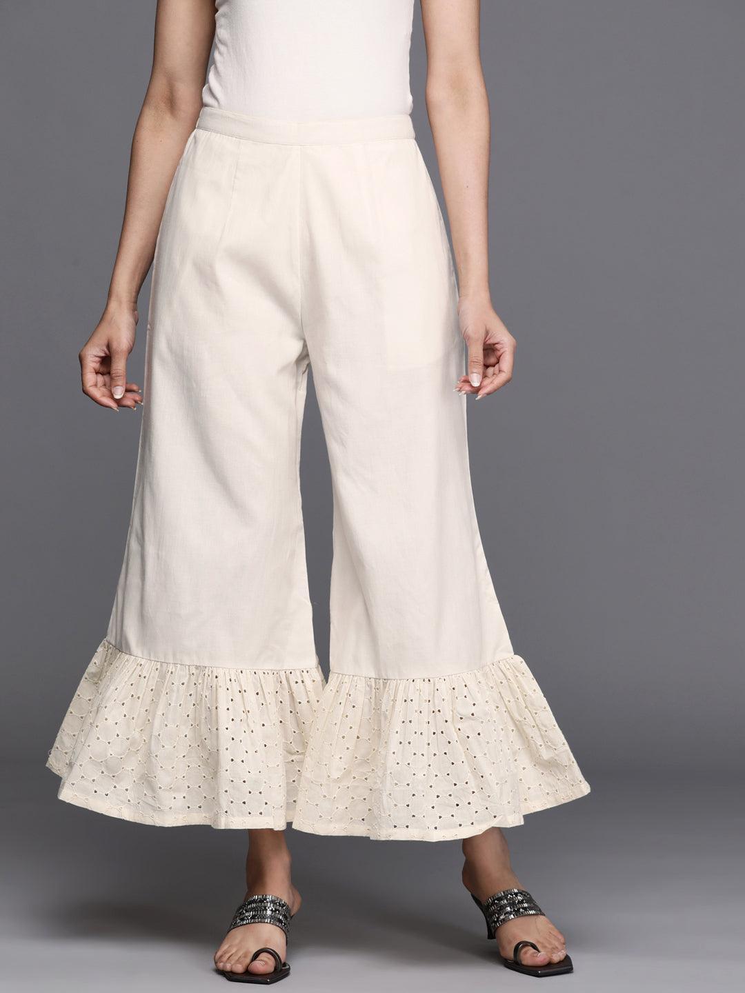 Cream Solid Cotton Palazzos - ShopLibas