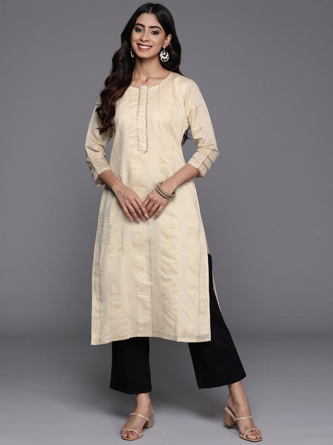 Beige Woven Design Chanderi Silk Straight Kurta