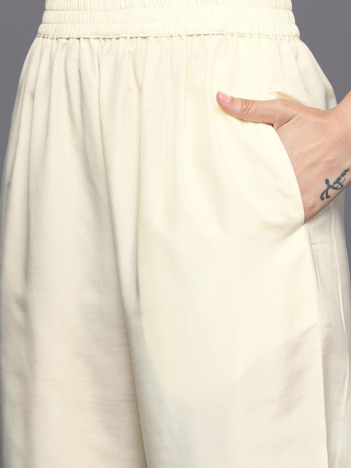 Cream Woven Design Silk Blend Straight Kurta With Trousers & Dupatta