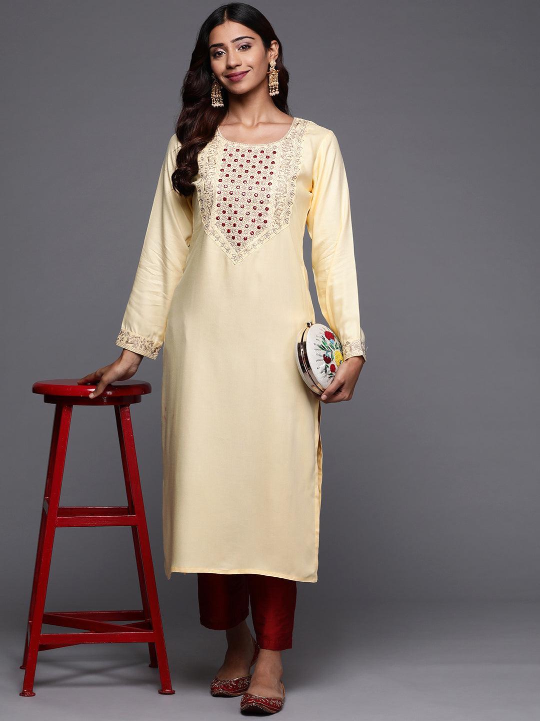 Cream Yoke Design Pashmina Wool Straight Kurta - Libas