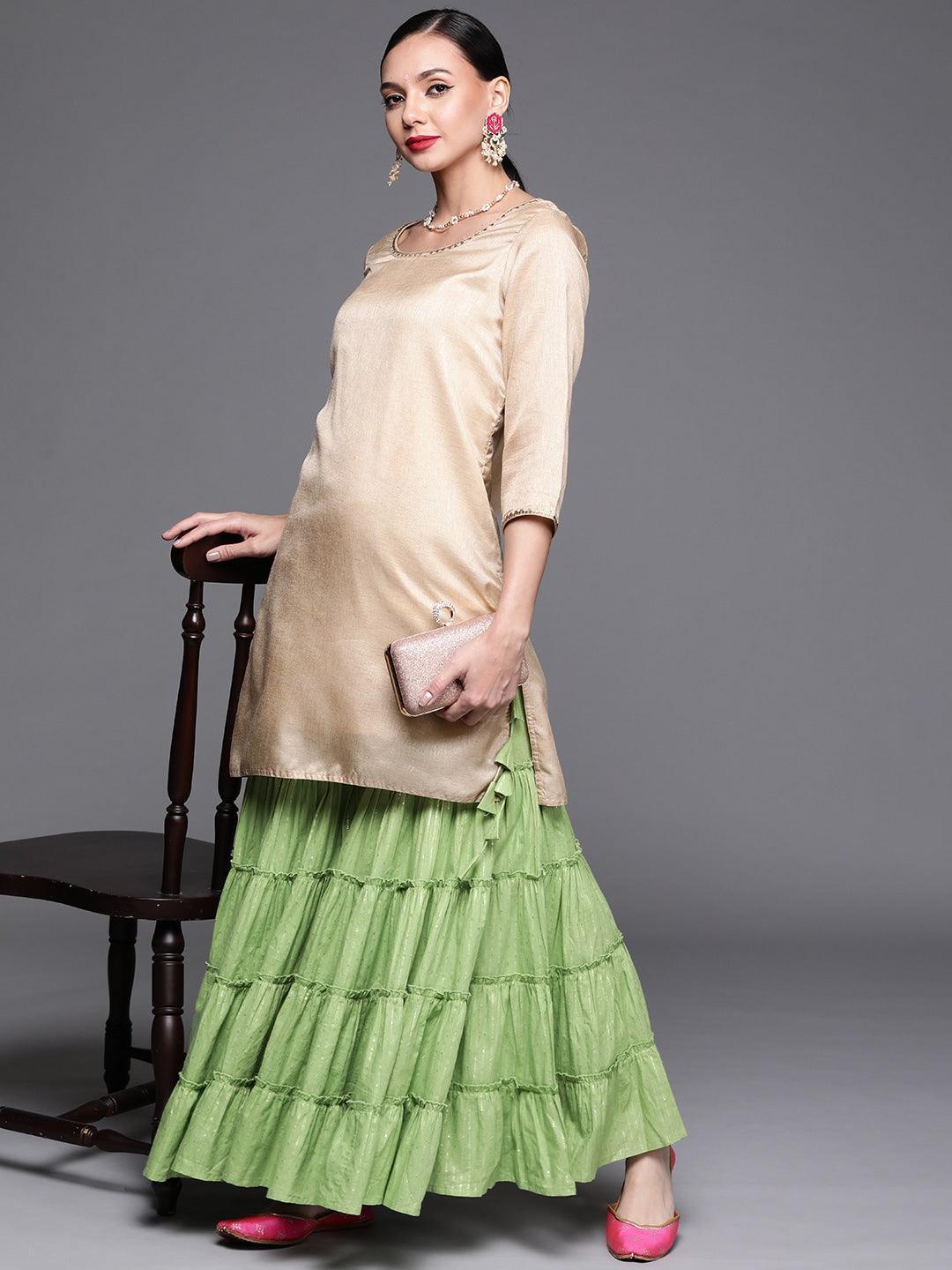 Green Self Design Cotton Sharara Pants - ShopLibas