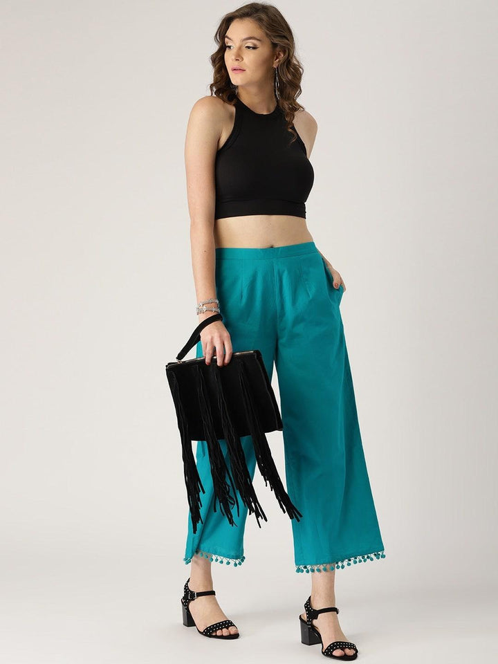 Blue Solid Cotton Palazzos