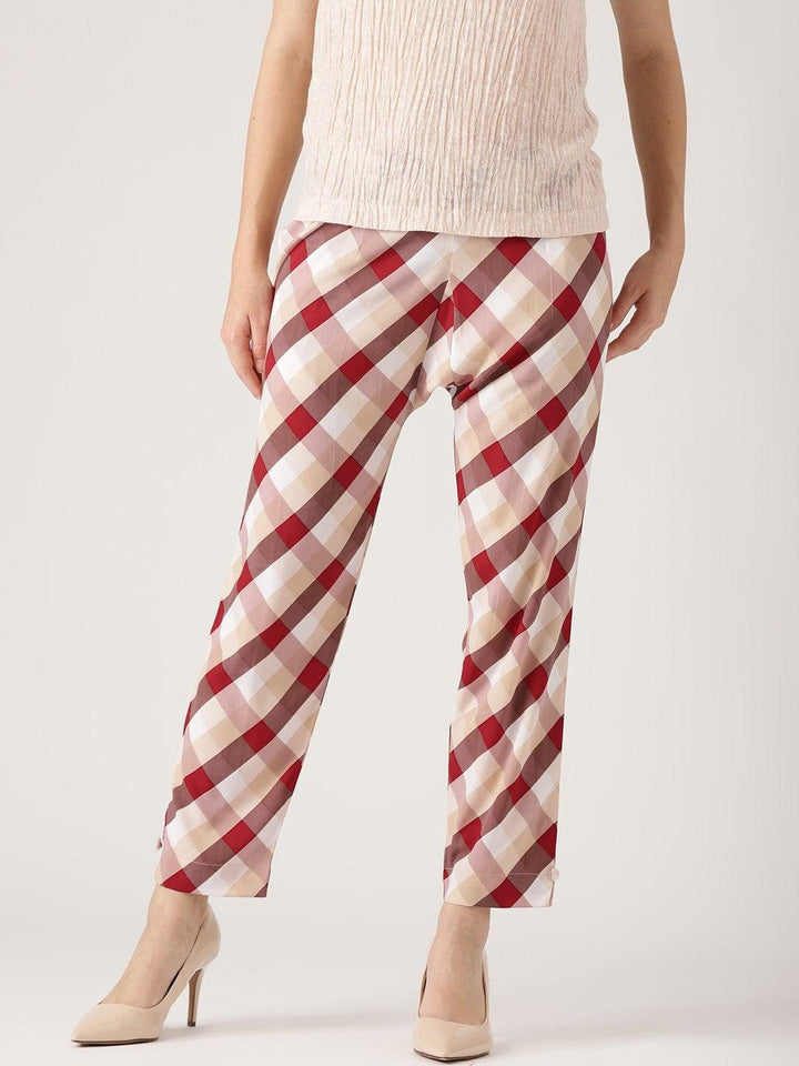 White Checkered Polyester Trousers
