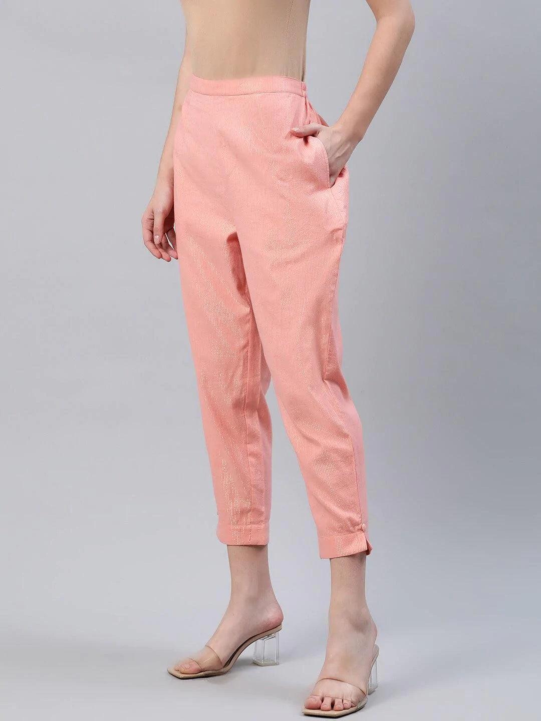 Peach Self Design Cotton Trousers - ShopLibas