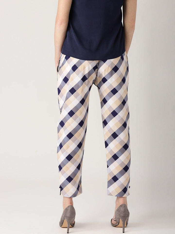 White Checkered Polyester Trousers