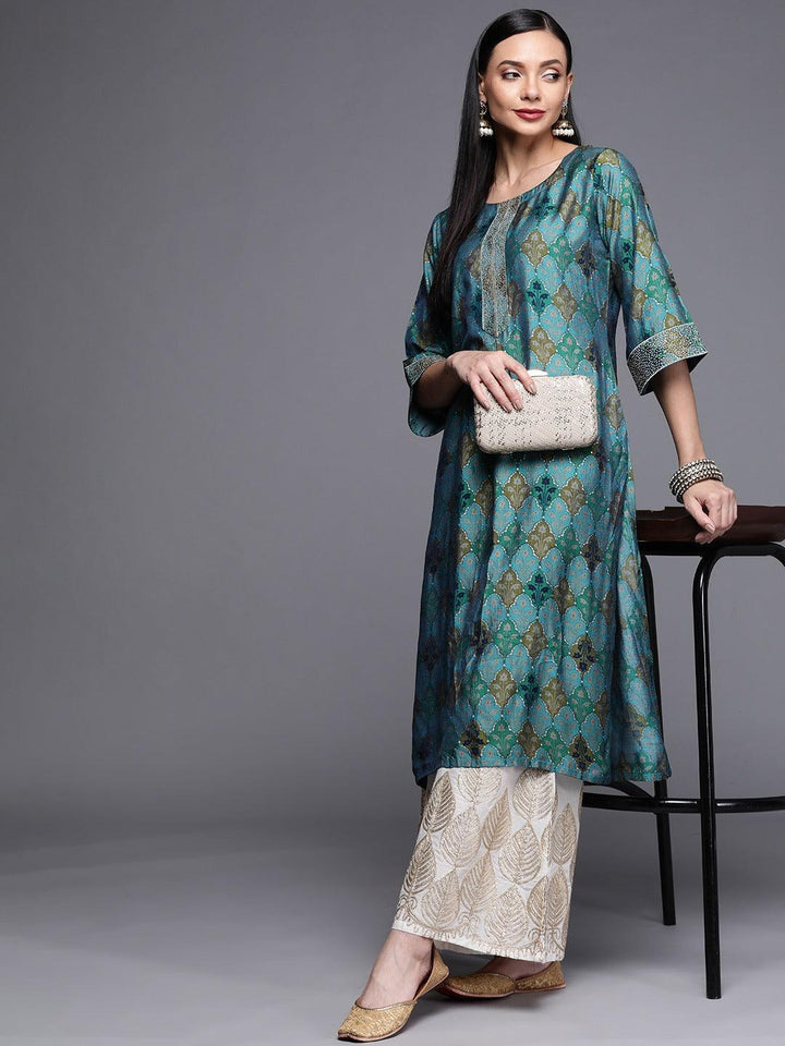Blue Printed Chanderi Silk Kurta