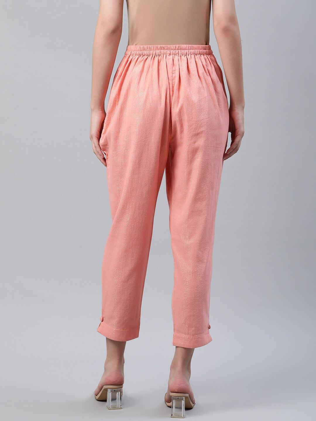Peach Self Design Cotton Trousers - ShopLibas