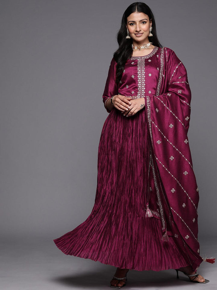 Fuchsia Embroidered Silk Blend Anarkali Suit Set With Trousers