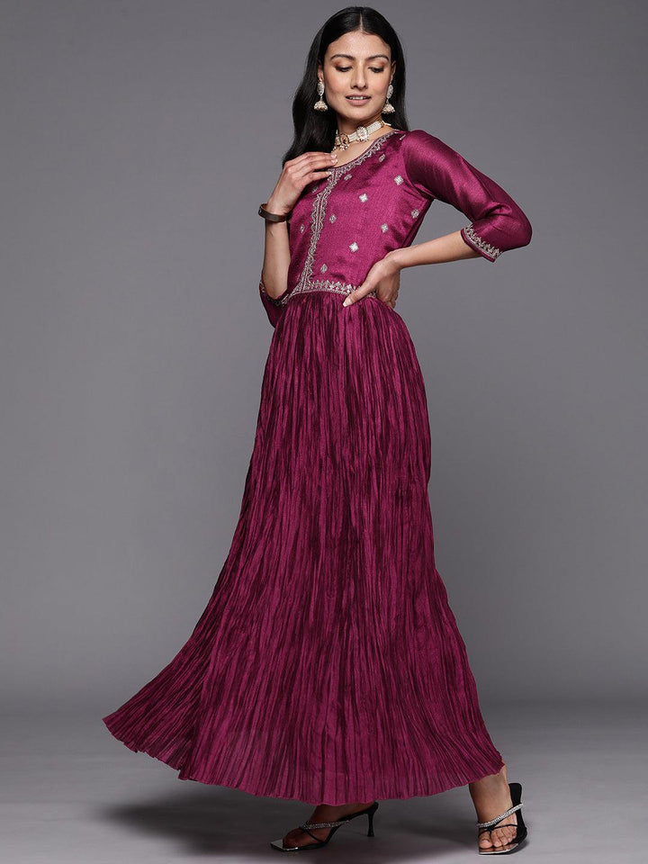 Fuchsia Embroidered Silk Blend Anarkali Suit Set With Trousers