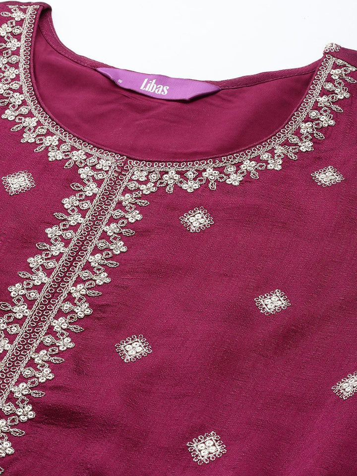Fuchsia Embroidered Silk Blend Anarkali Suit Set With Trousers