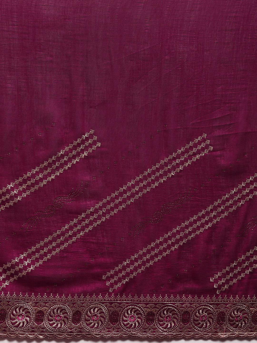 Fuchsia Embroidered Silk Blend Saree - Libas