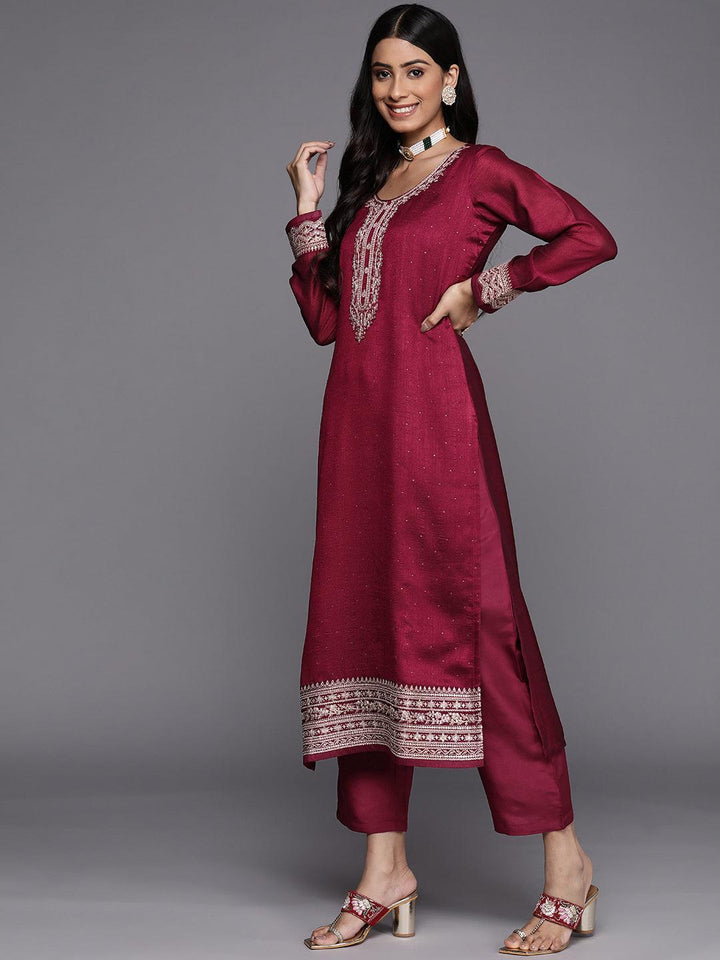 Fuchsia Embroidered Silk Blend Straight Suit Set
