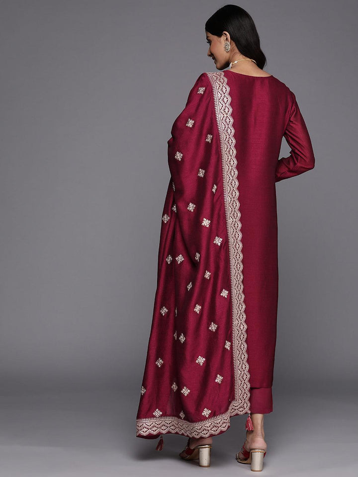 Fuchsia Embroidered Silk Blend Straight Suit Set