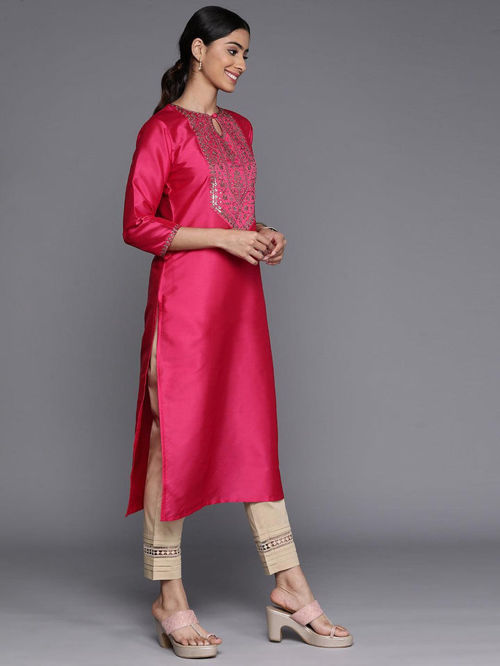 Fuchsia Yoke Design Silk Straight Kurta