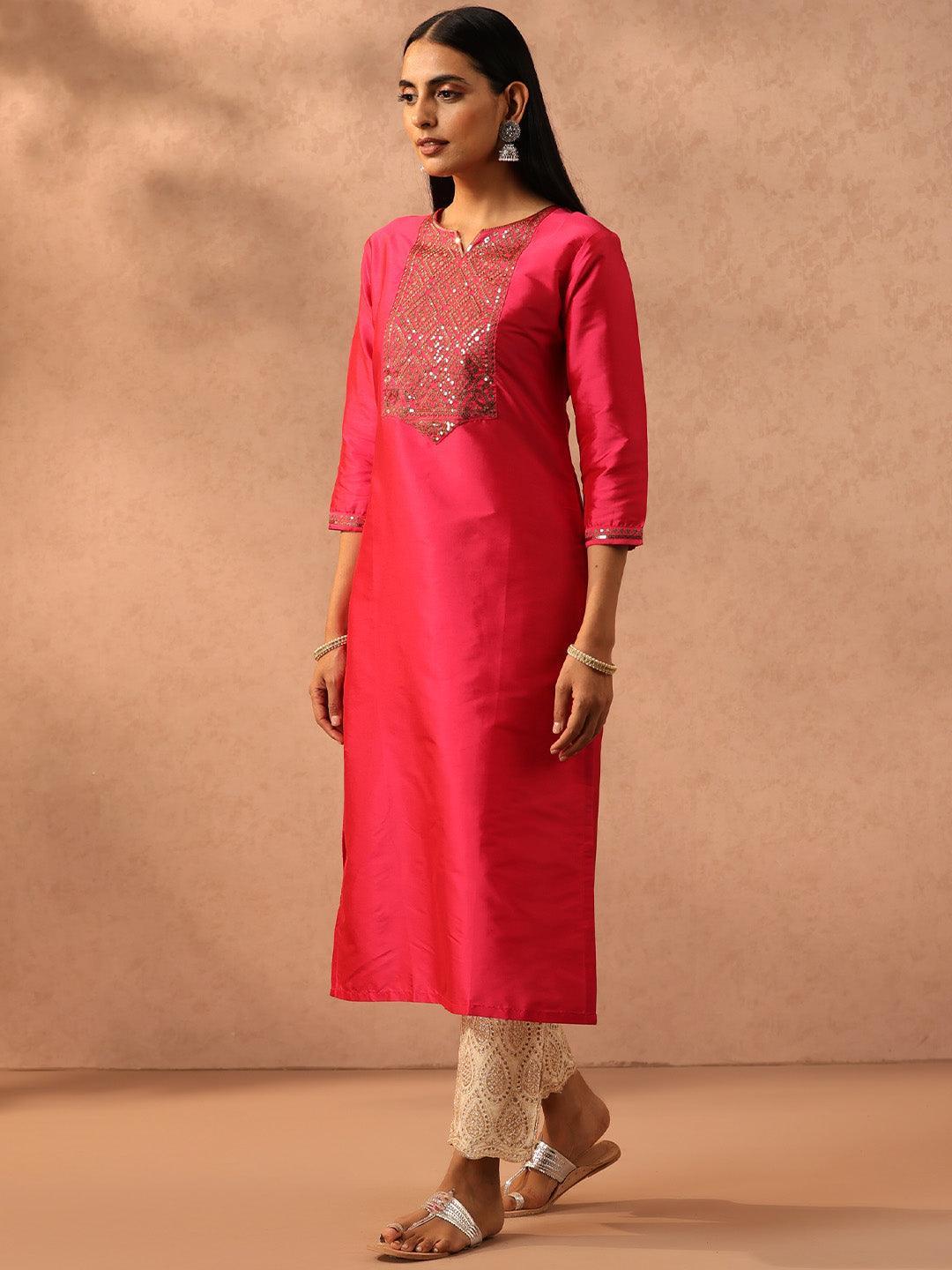 Fuchsia Yoke Design Silk Straight Kurta - ShopLibas