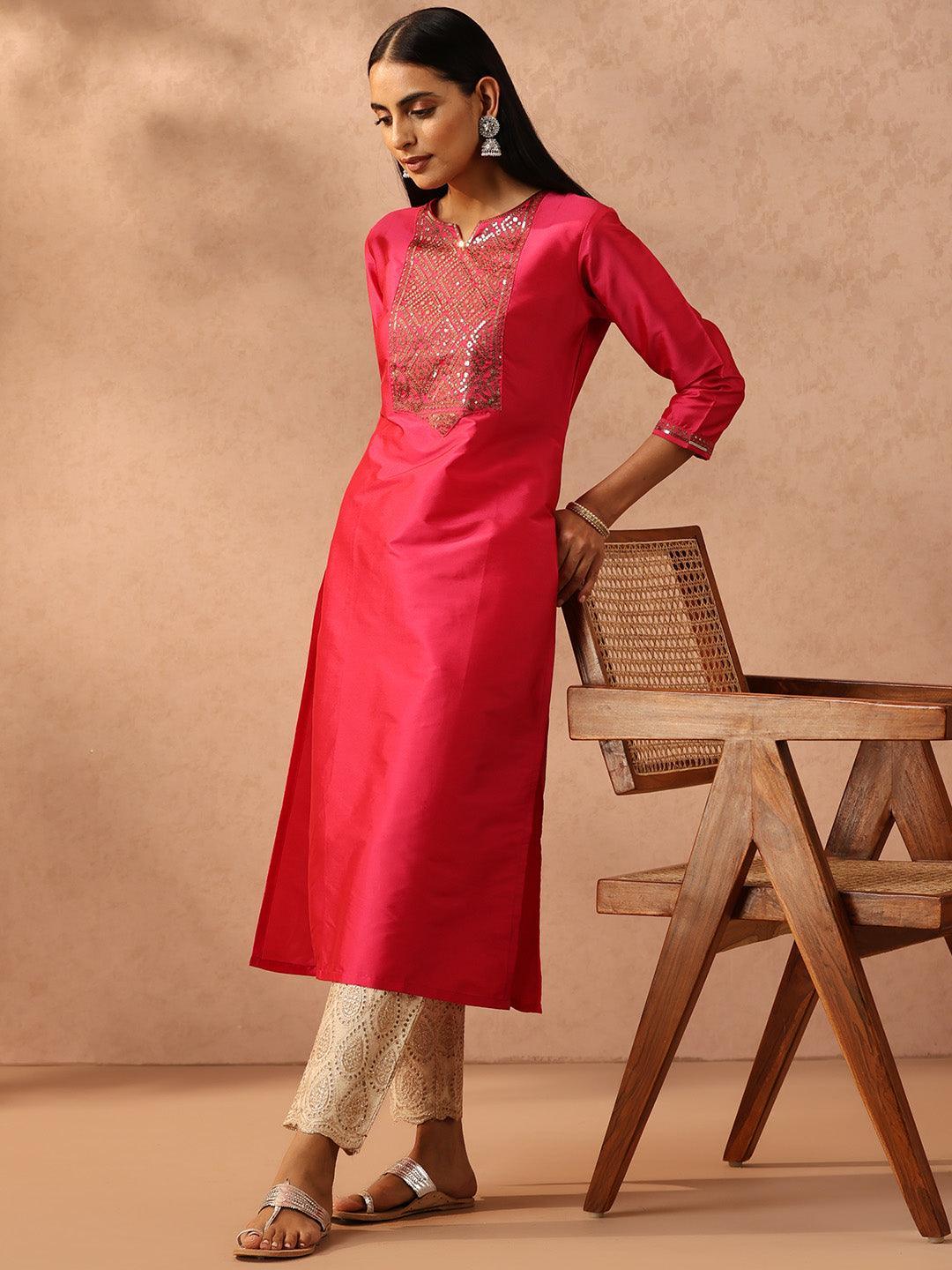 Fuchsia Yoke Design Silk Straight Kurta - ShopLibas