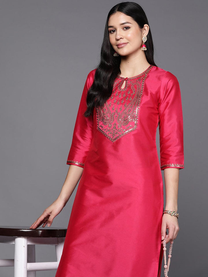 Fuchsia Yoke Design Silk Straight Kurta