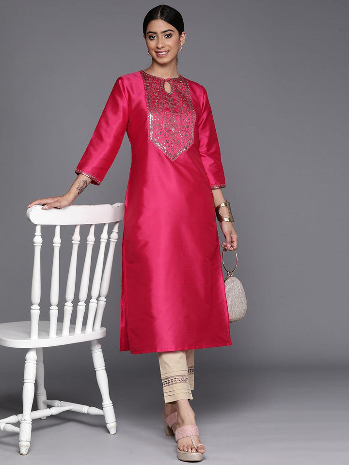 Fuchsia Yoke Design Silk Straight Kurta