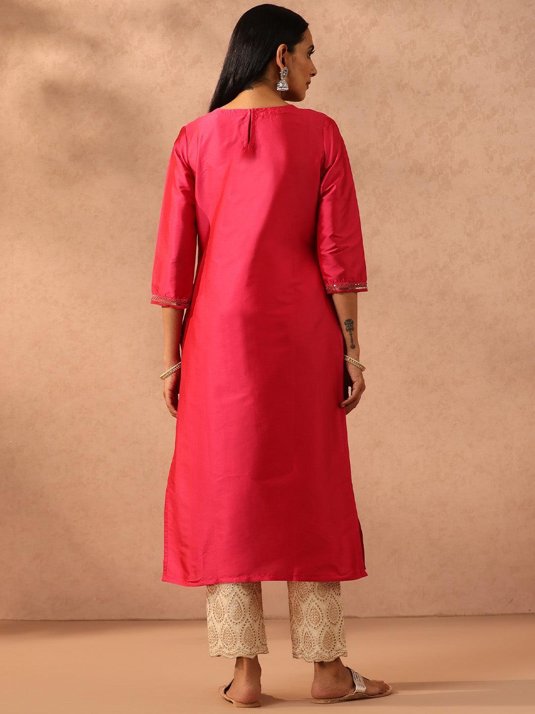 Fuchsia Yoke Design Silk Straight Kurta - ShopLibas