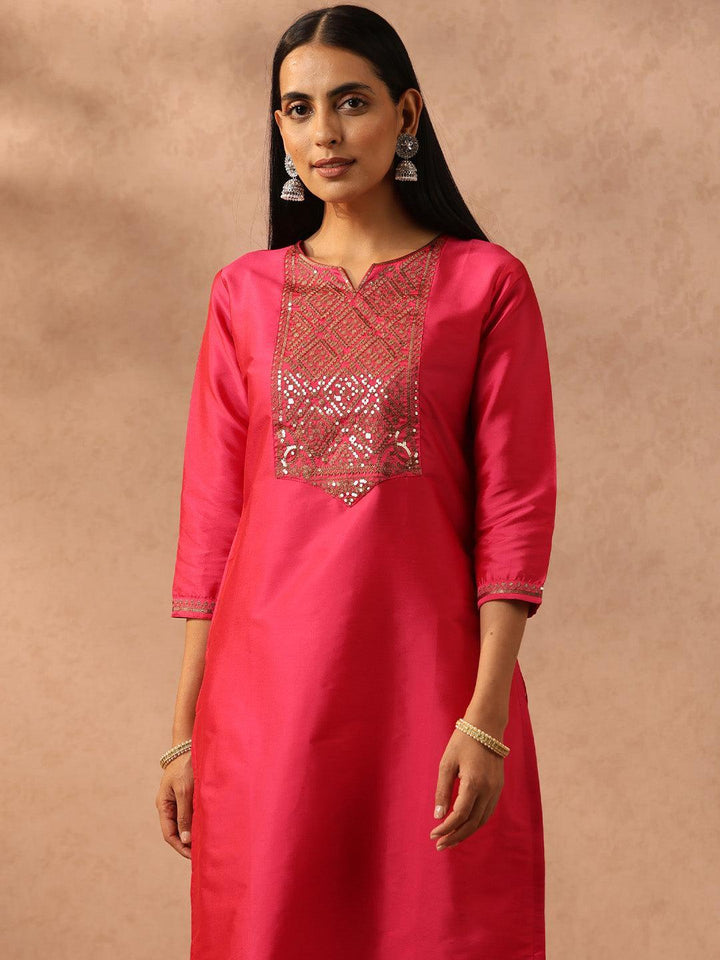 Fuchsia Yoke Design Silk Straight Kurta