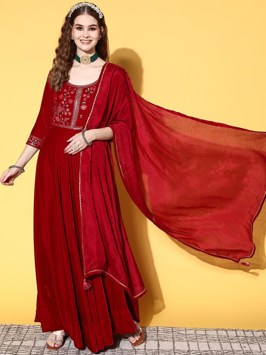 Fuchsia Yoke Design Velvet Anarkali Suit Set - ShopLibas