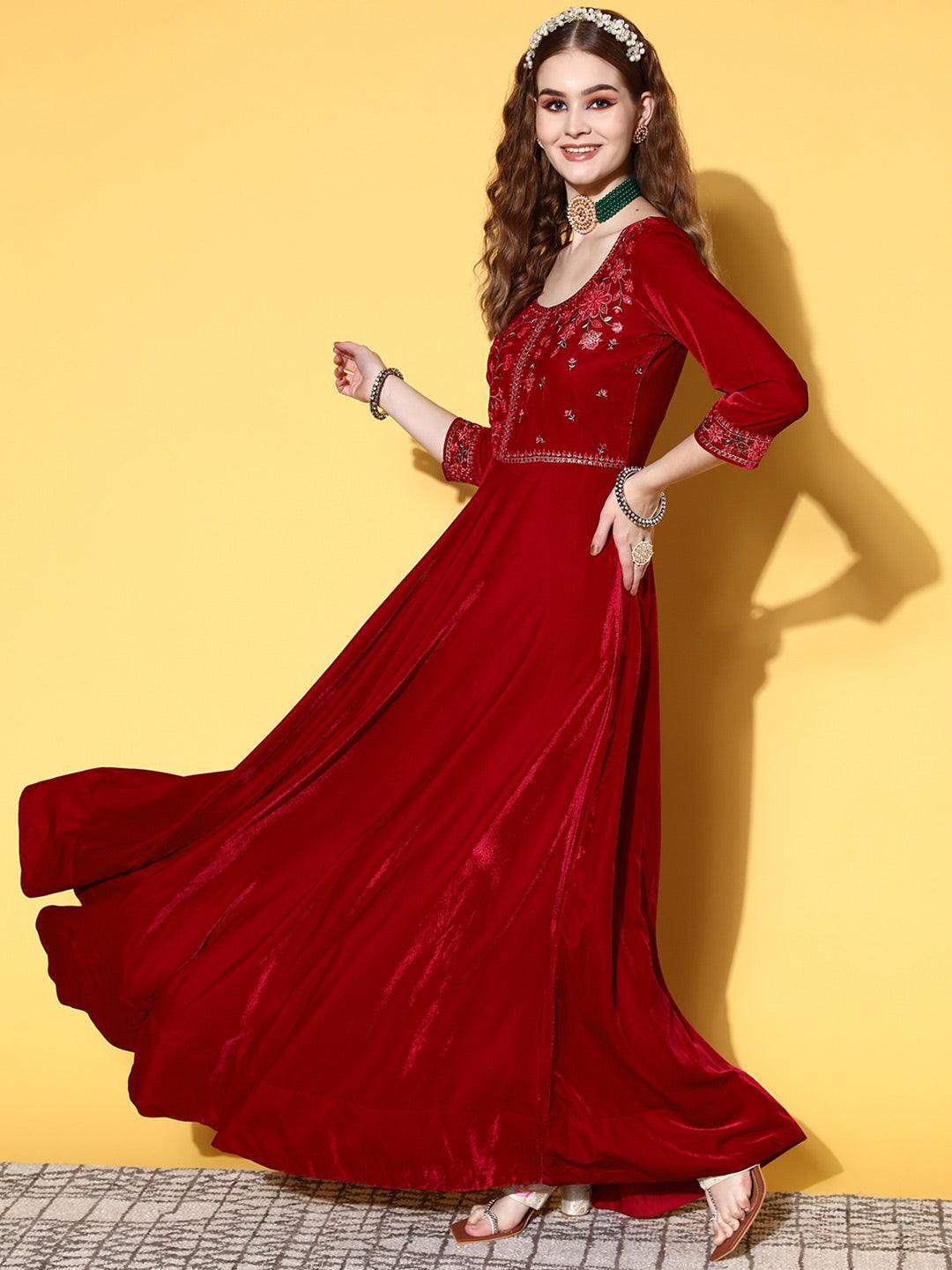Fuchsia Yoke Design Velvet Anarkali Suit Set - ShopLibas