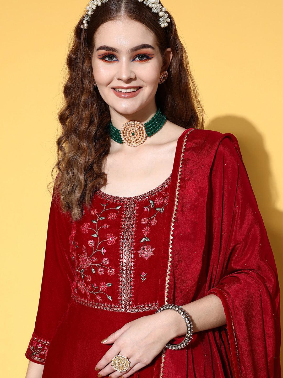 Fuchsia Yoke Design Velvet Anarkali Suit Set - ShopLibas