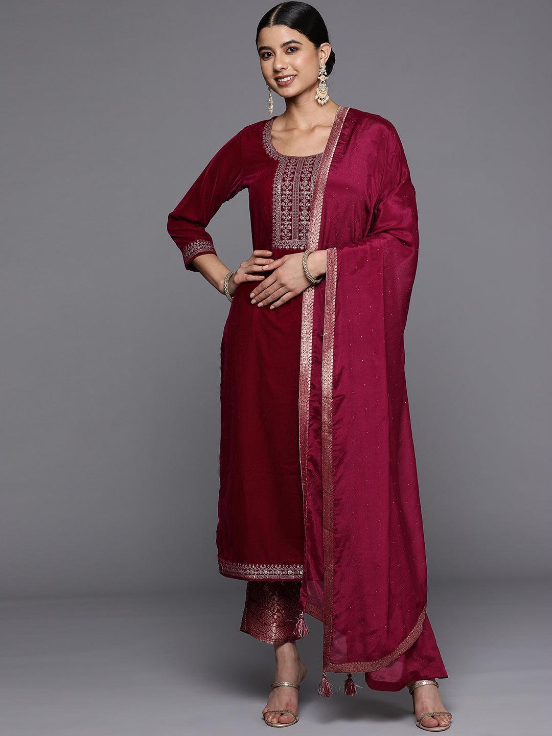 Fuchsia Yoke Design Velvet Straight Suit Set - ShopLibas