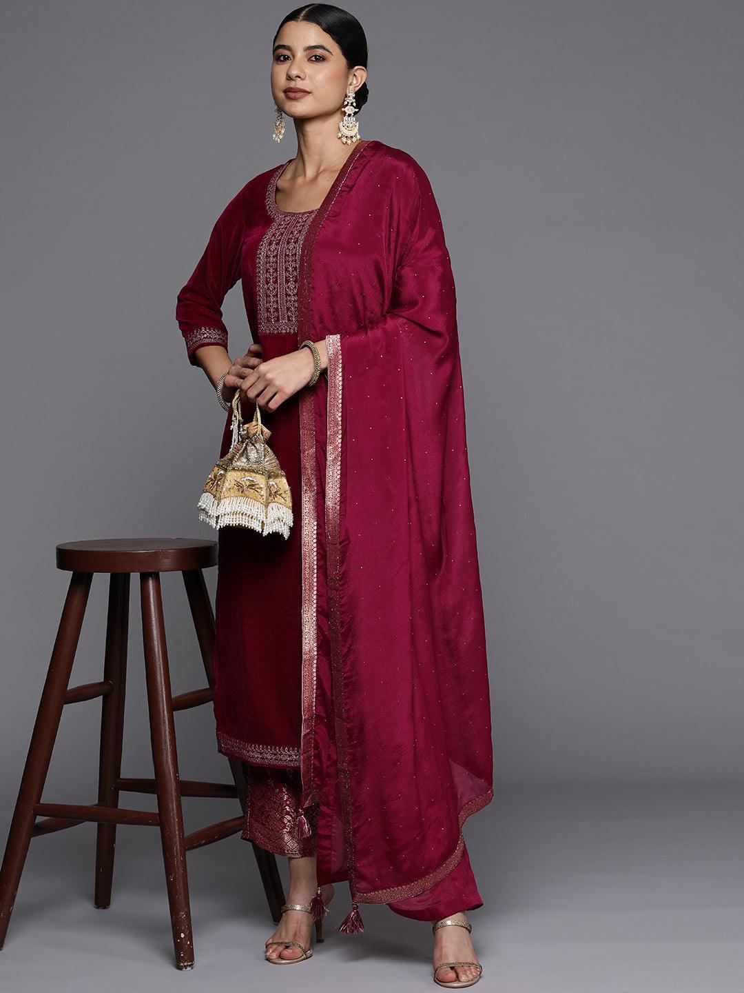 Fuchsia Yoke Design Velvet Straight Suit Set - ShopLibas