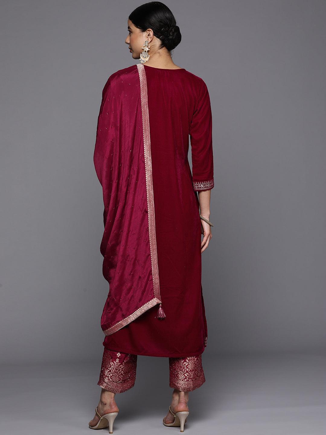 Fuchsia Yoke Design Velvet Straight Suit Set - ShopLibas