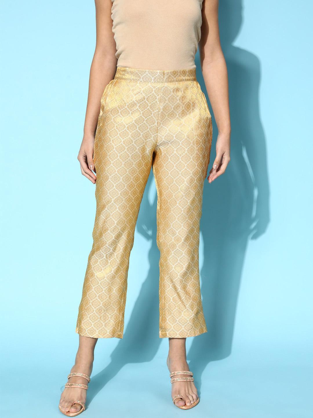 Gold Self Design Jacquard Trousers - ShopLibas