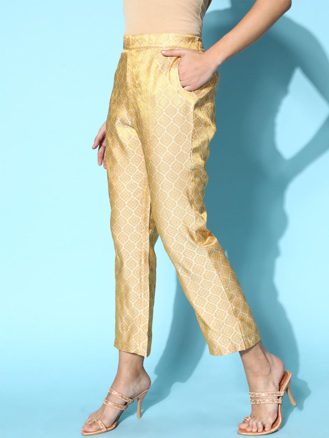 Gold Self Design Jacquard Trousers - ShopLibas