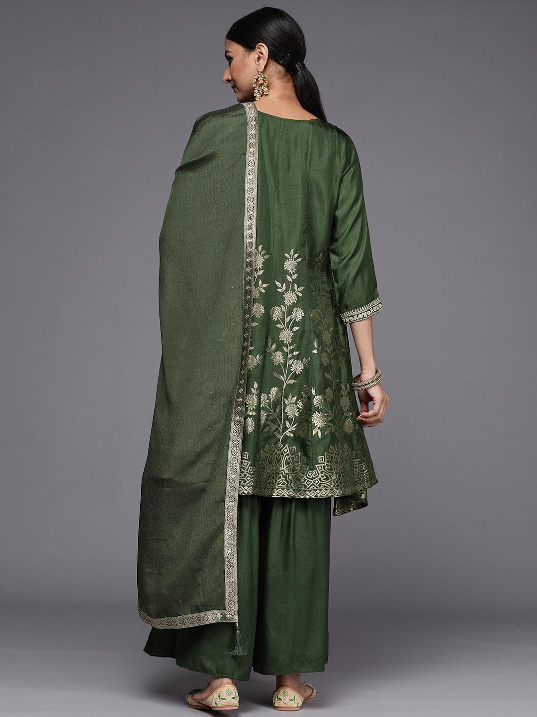 Green Brocade Silk Blend A-Line Suit Set - ShopLibas