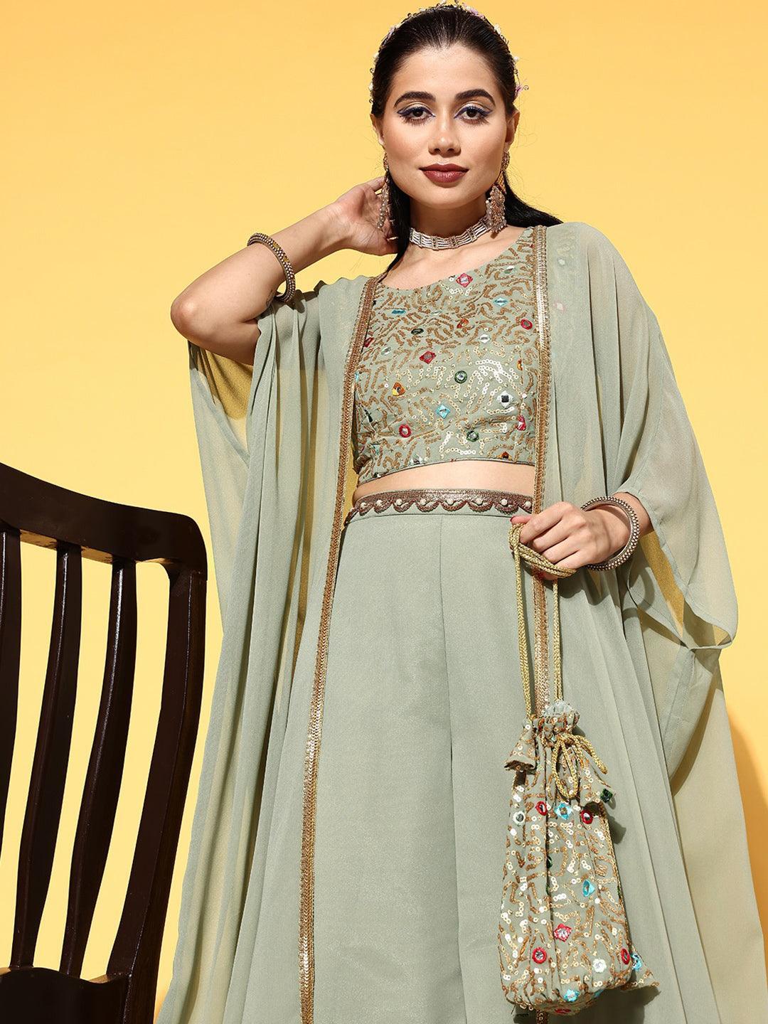 Green Embellished Georgette Co-Ords - ShopLibas