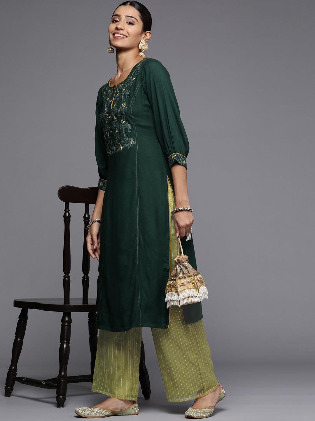 Green Embellished Organza Palazzos - ShopLibas