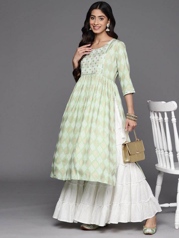 Green Embellished Rayon A-Line Kurta
