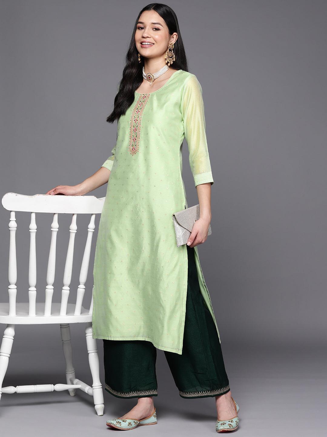 Green Embroidered Chanderi Silk Straight Kurta - ShopLibas