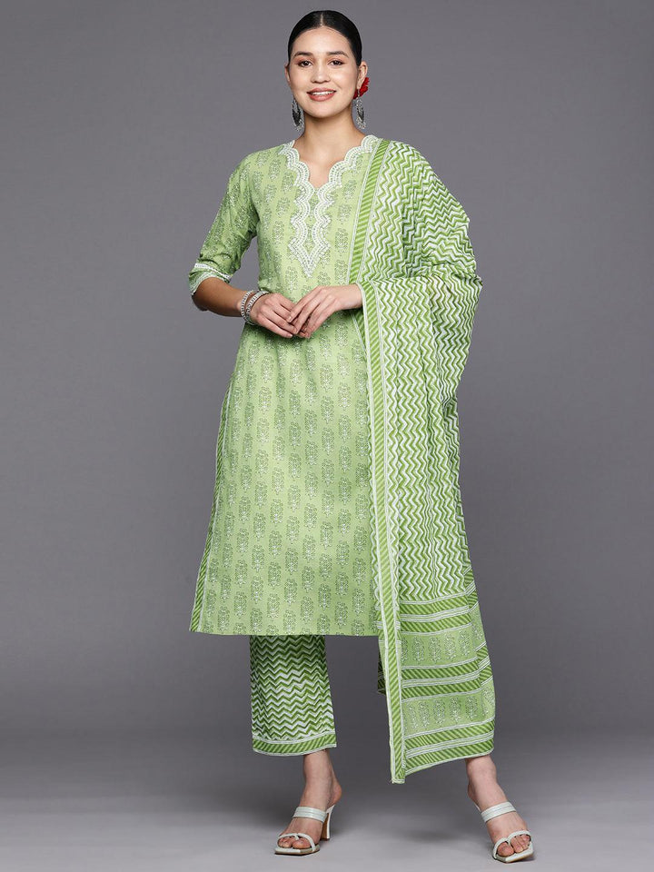 Green Embroidered Cotton Straight Suit Set With Trousers